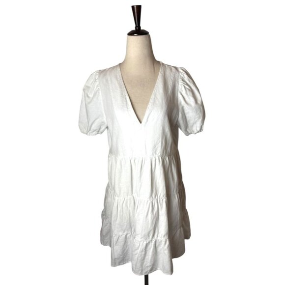Zara Dress Women Small White Linen Blend Short Puff Sleeve Babydoll Preppy - Picture 2 of 11